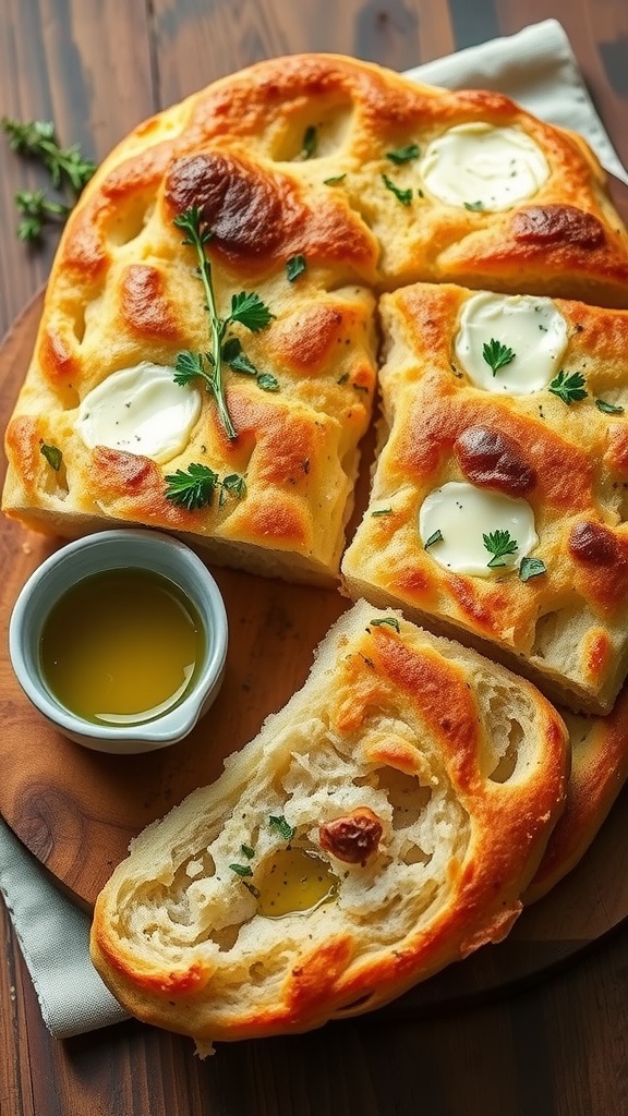Golden crusty garlic herb appetizer bread sliced and served with olive oil for dipping.